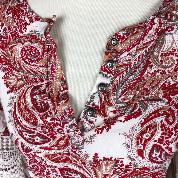KENDALL & KYLIE Bell Sleeve Crop Top Boho Paisley Red Cream XS - Picture 3 of 8